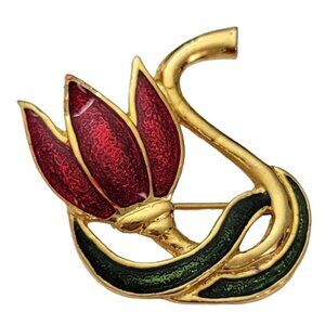 SFJ Steinmetz Gold Tone Red Green Enamel Tulip Brooch Pin, Signed E615